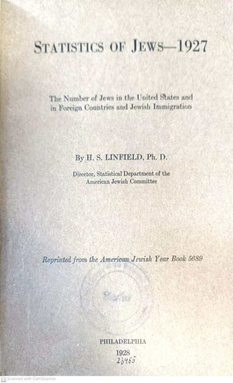 Statistics of Jews - 1927: The Number of Jews in the Unisted States and in Foreign Countries and Jewish Immigration title page