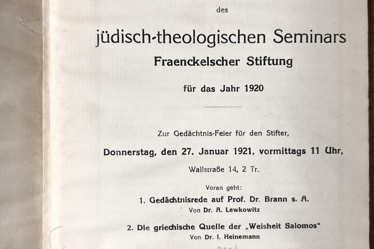 Gedächtnisrede auf Prof. Dr. Brann s. A. – Jahresbericht des Jüdisch-Theologischen Seminars Fraenckel’scher Stiftung für das Jahr 1920